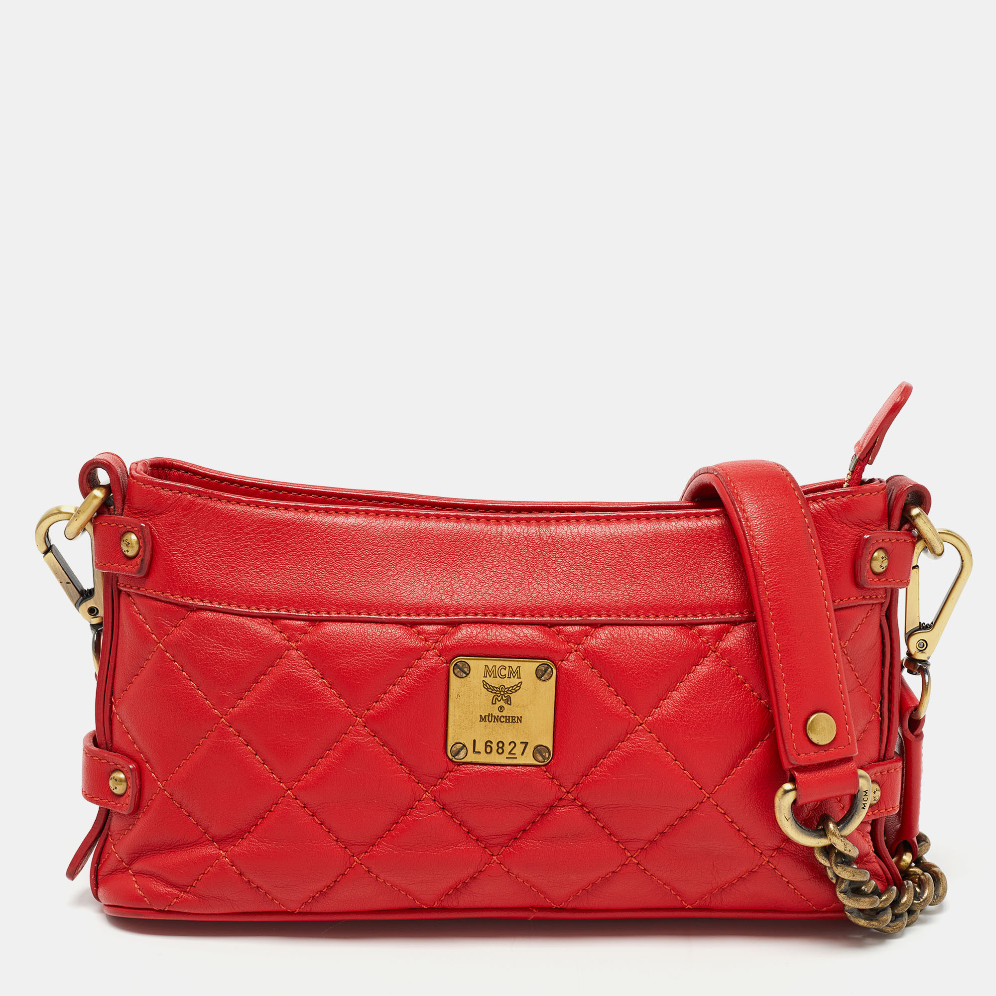 Mcm Red Quilted Leather Chain Shoulder Bag